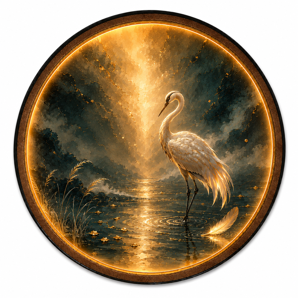 Golden Stillness Pearl Crane LED Wall Art – Luxury Round Decor