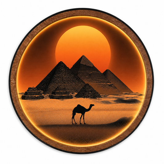 Desert Sunset Pyramid LED Wall Lamp – Wooden Frame Wall Art