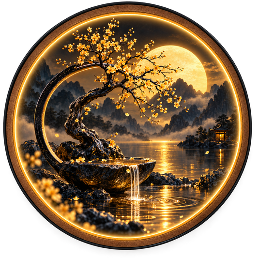 Golden Moon Blossom LED Wall Art – Zen Landscape Decor