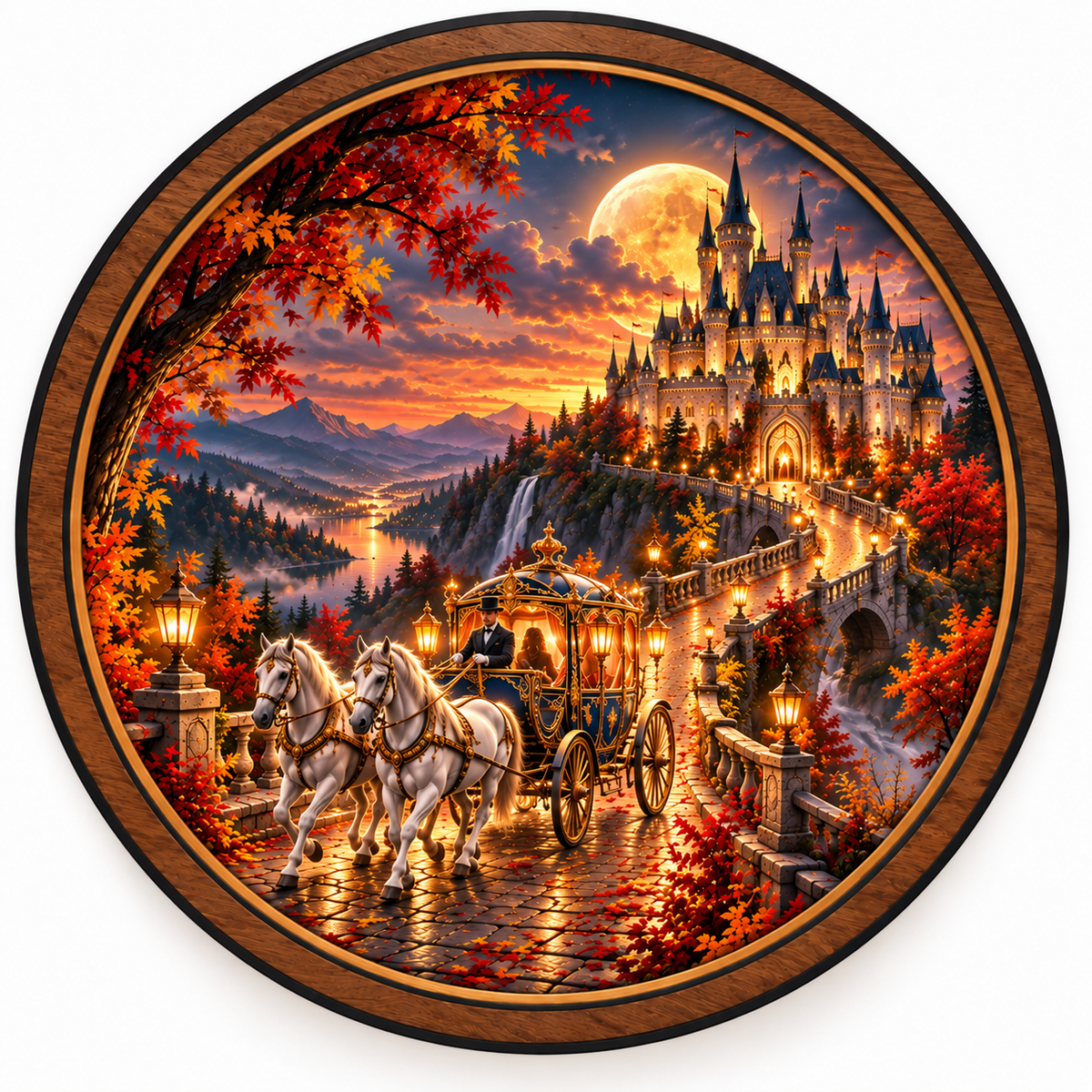 Moonlit Carriage Castle Circular LED Wall Art
