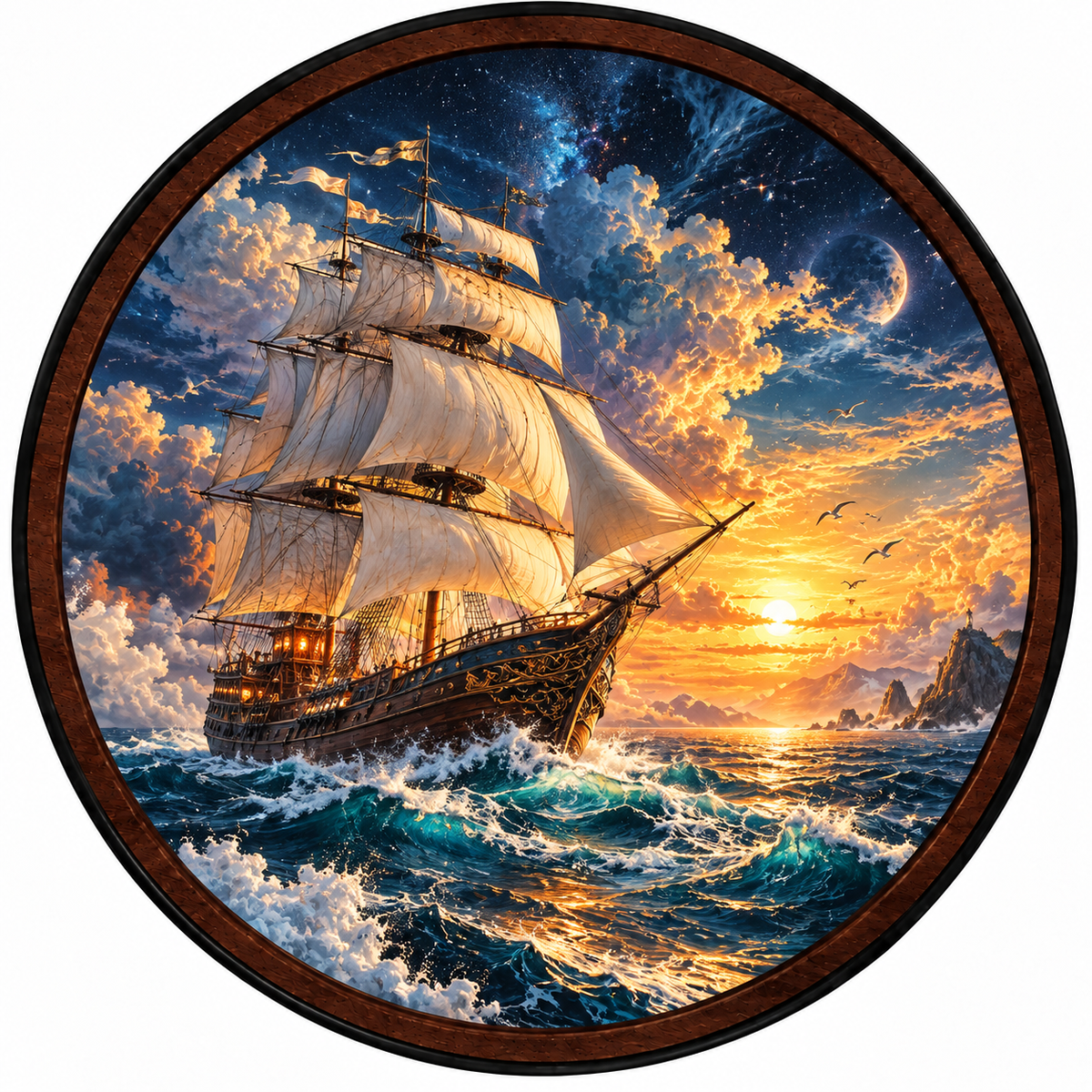 Majestic Sailing Ship, Ocean Sunset & Nautical – Handcrafted LED Wall Art