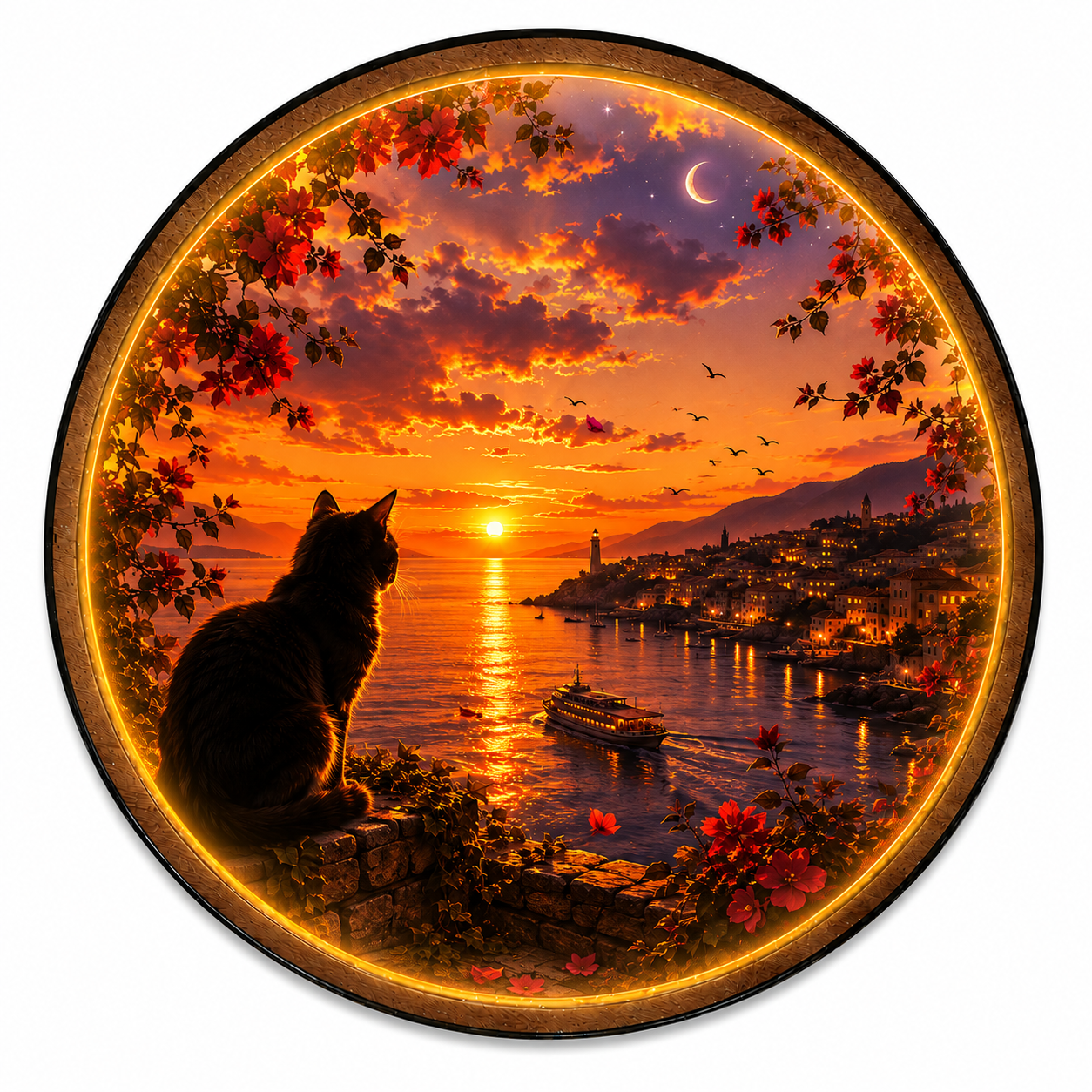 Sunset Watcher LED Wall Art – Black Cat Coastal Sunset Decor