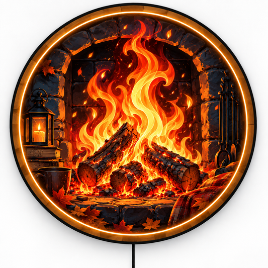 Cozy Fireplace Glow LED Wall Art – Rustic Cabin Decor