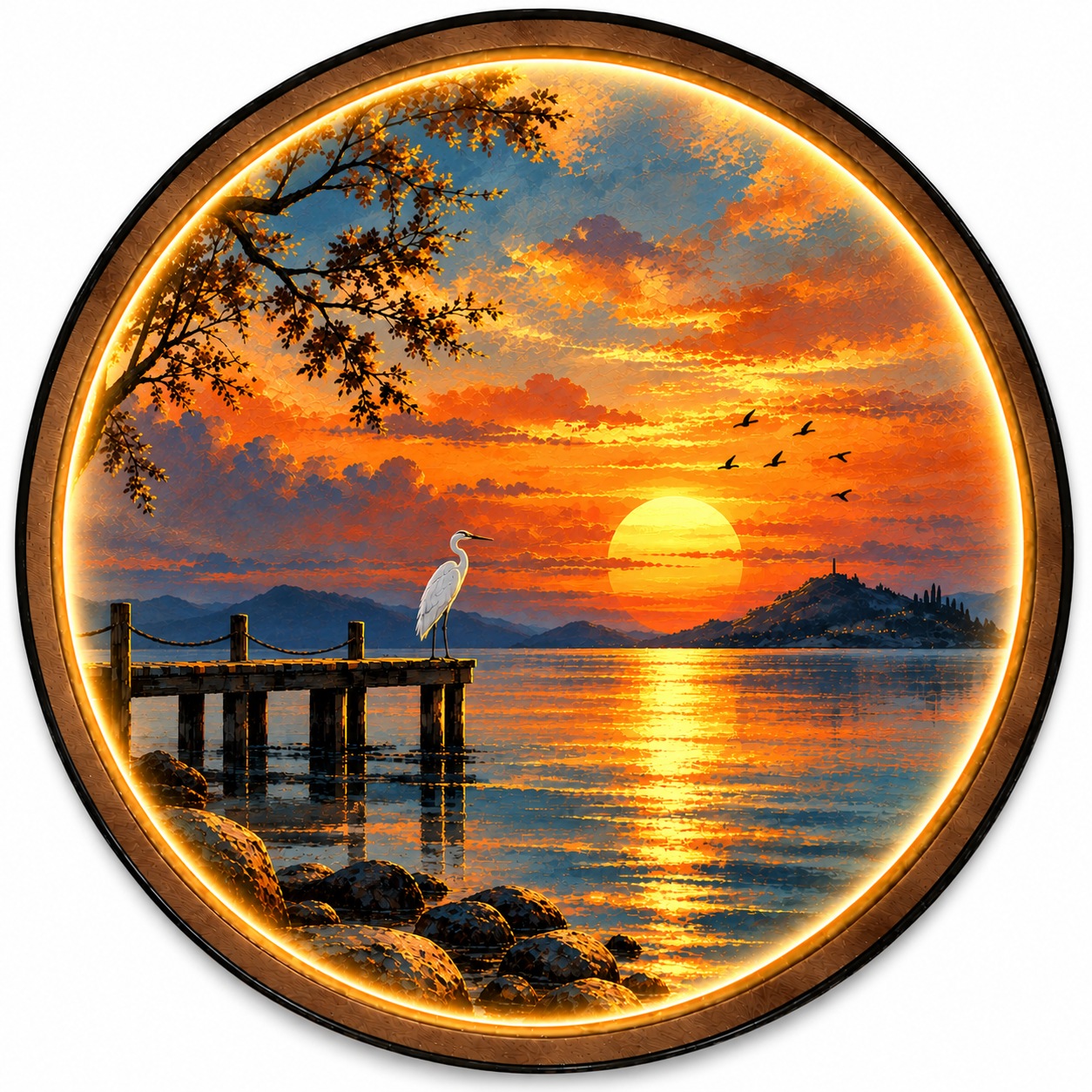 Golden Heron Sunset LED Wall Art – Coastal Nature Lighted Decor