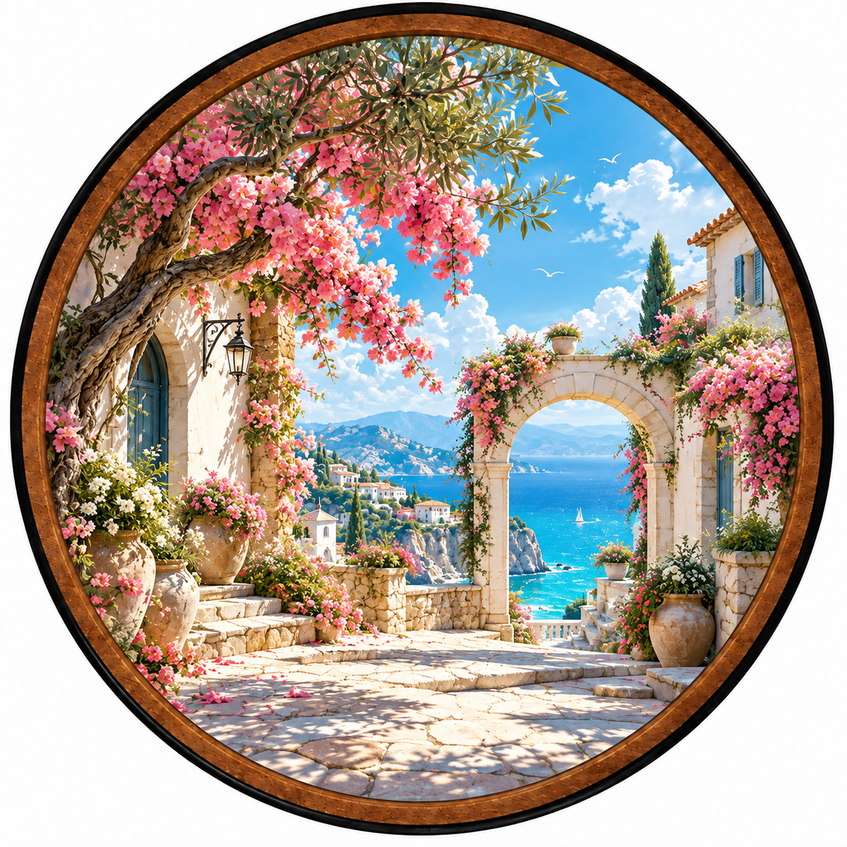 Mediterranean Blossom Escape – Handcrafted Round LED Wall Art