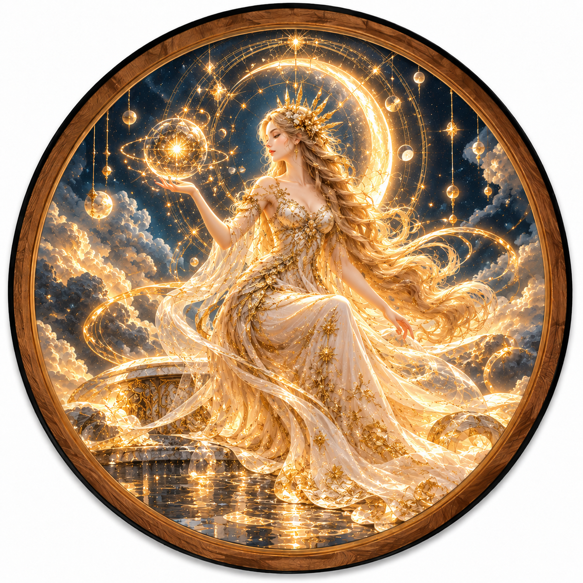 Celestial Goddess Golden Moon Circular LED Wall Art