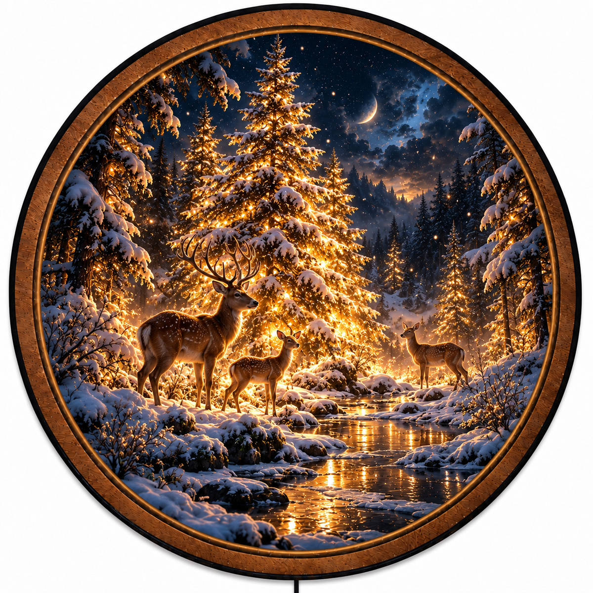 Winter Deer Golden Forest Circular LED Wall Art