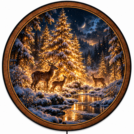 Winter Deer Golden Forest Circular LED Wall Art