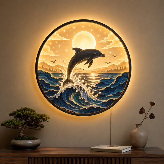 Wood Carved Dolphin Ocean Wave LED Wall Lamp | Handmade Night Light Wall Art