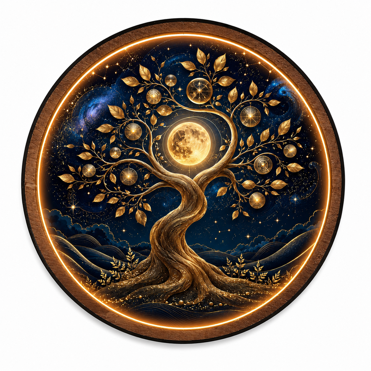 Tree of Life Moon Round LED Wall Art | Illuminated Acrylic Wall Decor with Wooden Frame