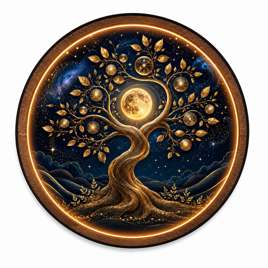 Tree of Life Moon Round LED Wall Art | Illuminated Acrylic Wall Decor with Wooden Frame