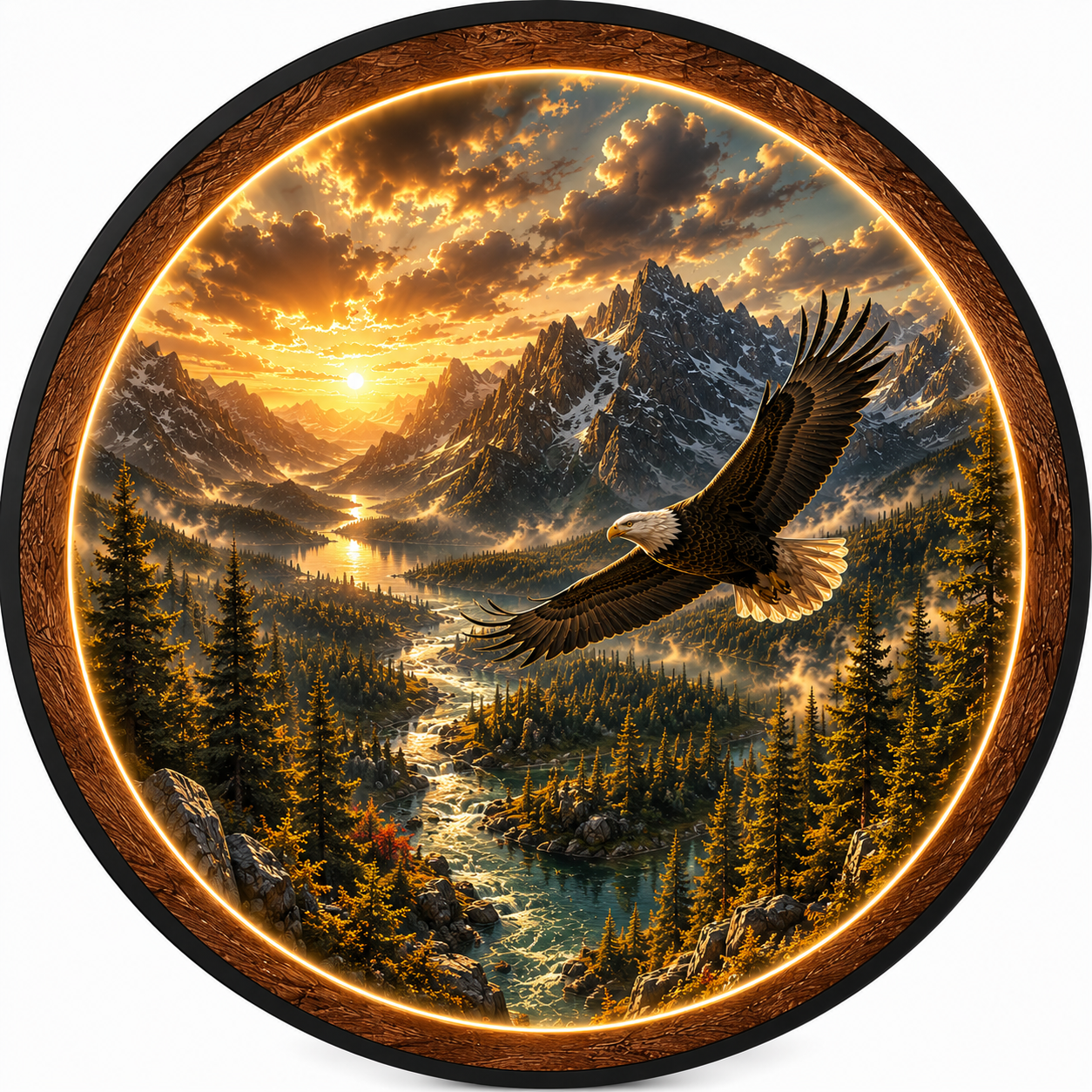 Majestic Eagle Mountain Sunset LED Wall Art – Premium Round Acrylic Decor