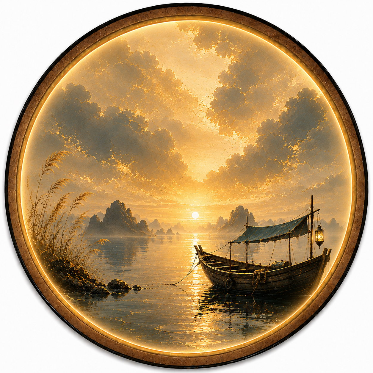 Golden Harbor Boat LED Wall Art – Round Sunset Lake Decor