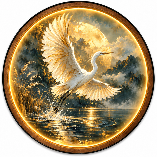 Golden Moon Crane LED Wall Art – Elegant Japanese Nature Decor