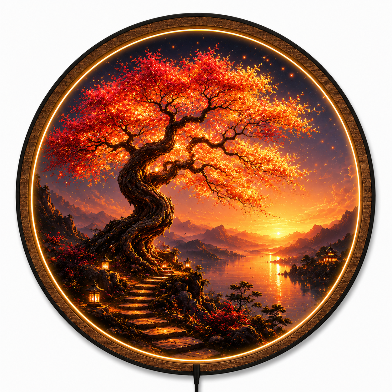 Fiery Bonsai Sunset LED Wall Art – Luxury Nature Acrylic Decor