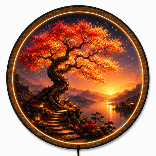 Fiery Bonsai Sunset LED Wall Art – Luxury Nature Acrylic Decor