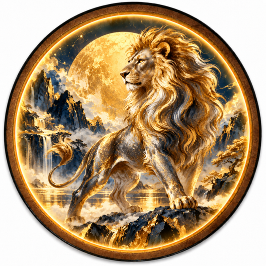Golden Lion Moon LED Wall Art – Majestic Wildlife Decor