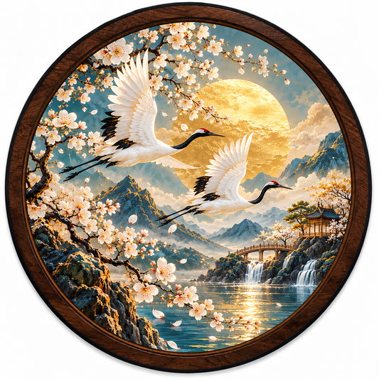 Golden Crane Harmony – Moonlit Blossom LED Wall Art