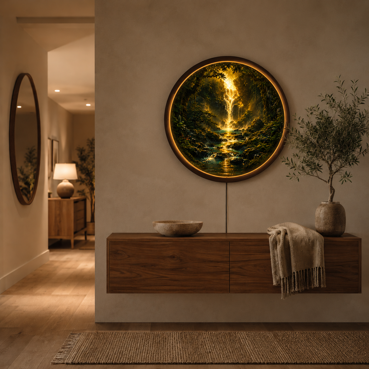 Golden Forest Waterfall LED Wall Art – Round Illuminated Wooden Wall Decor