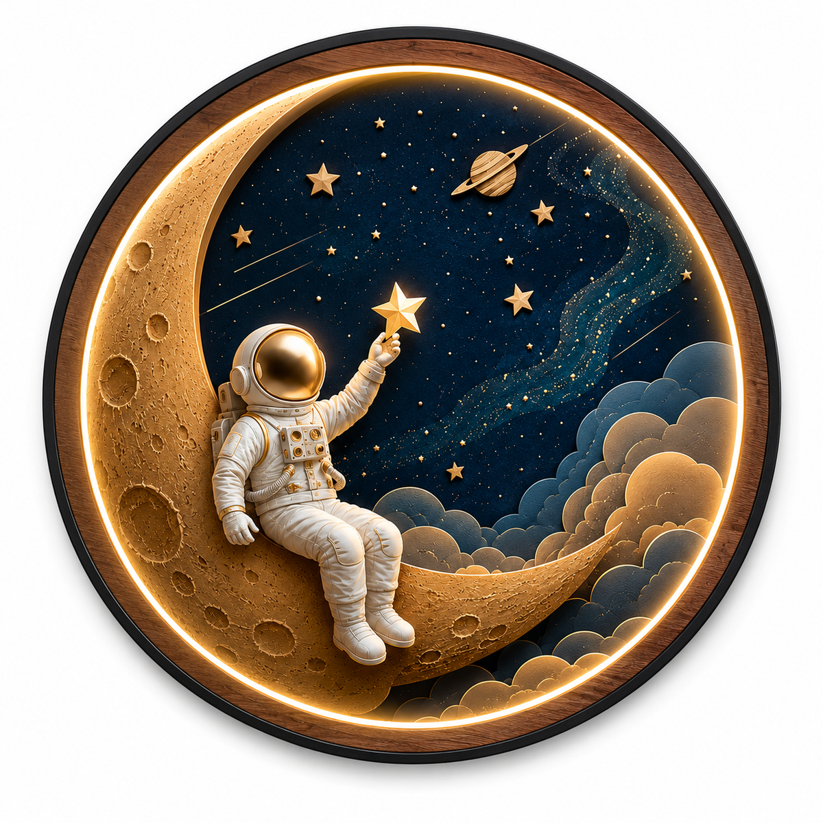 Dream Explorer LED Wall Art | Astronaut on Crescent Moon Round Illuminated Wall Decor | Warm LED Ambient Light