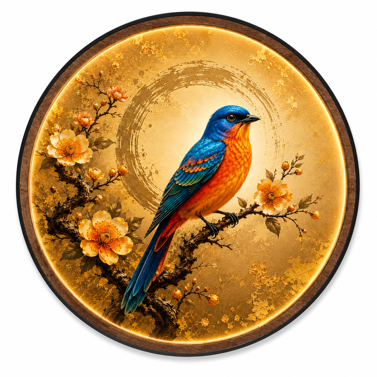 Bluebird Blossom LED Wall Art – Round Illuminated Nature Wall Decor