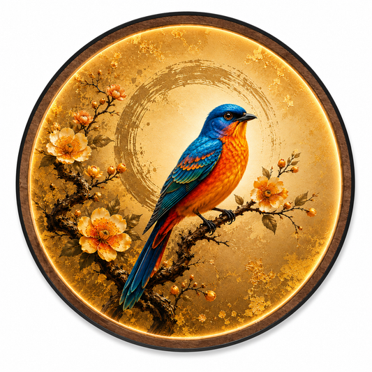 Bluebird Blossom LED Wall Art – Round Illuminated Nature Wall Decor
