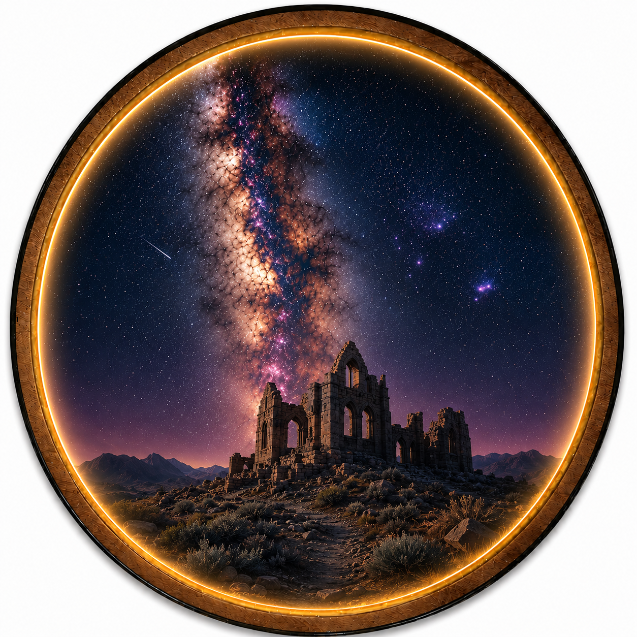 Milky Way Ruins LED Wall Art – Illuminated Galaxy Night Sky Landscape Decor with Warm LED Glow