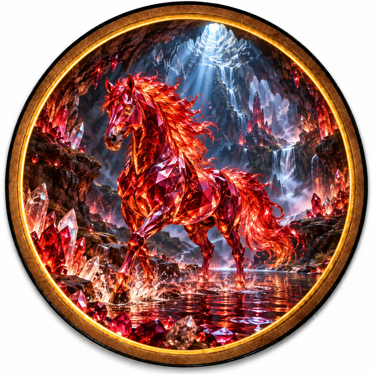 Crimson Crystal Horse Fantasy Cave Circular LED Wall Art