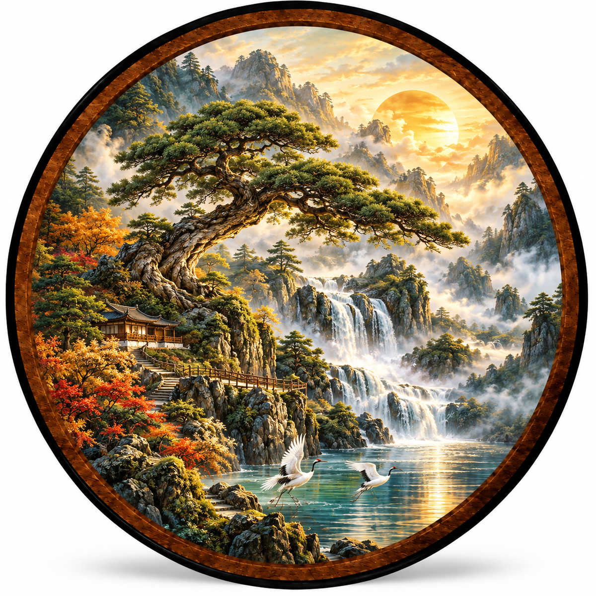 Ancient Pine Tree & Waterfall Landscape – Handcrafted LED Wall Art