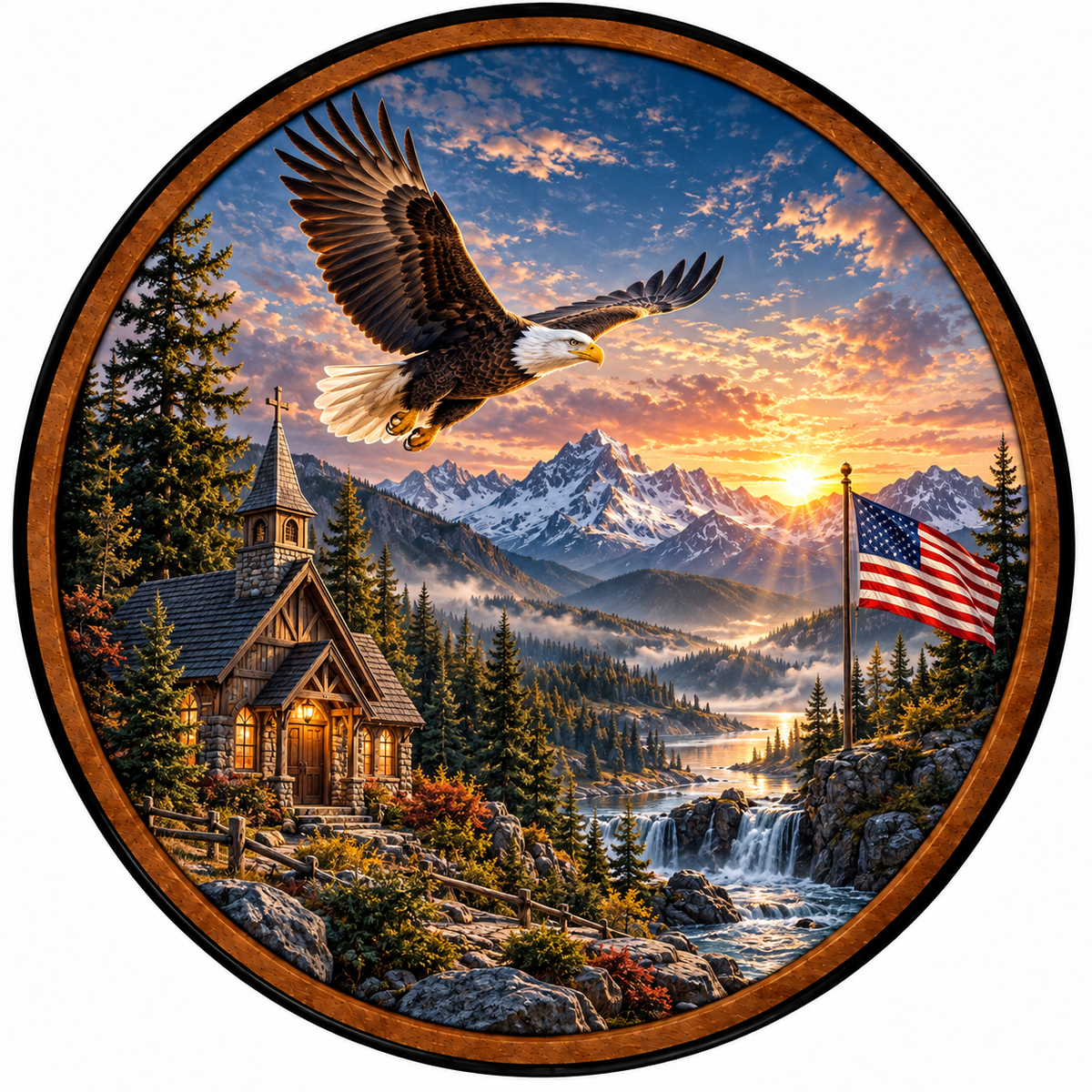 Wings of Freedom – Handcrafted LED Wall Art | Bald Eagle, American Flag & Mountain Sunset
