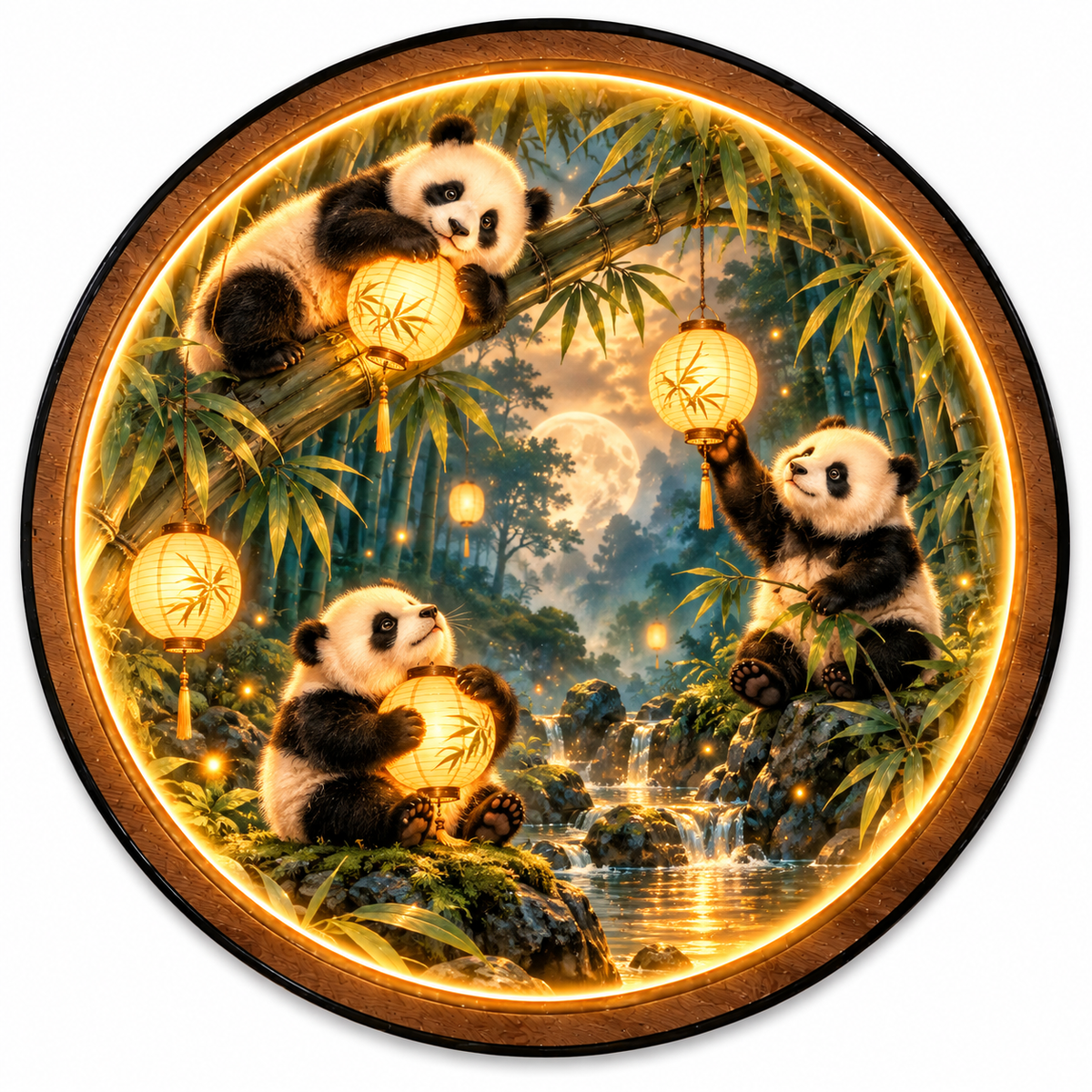 Panda Lantern Sanctuary – Golden Bamboo LED Wall Art