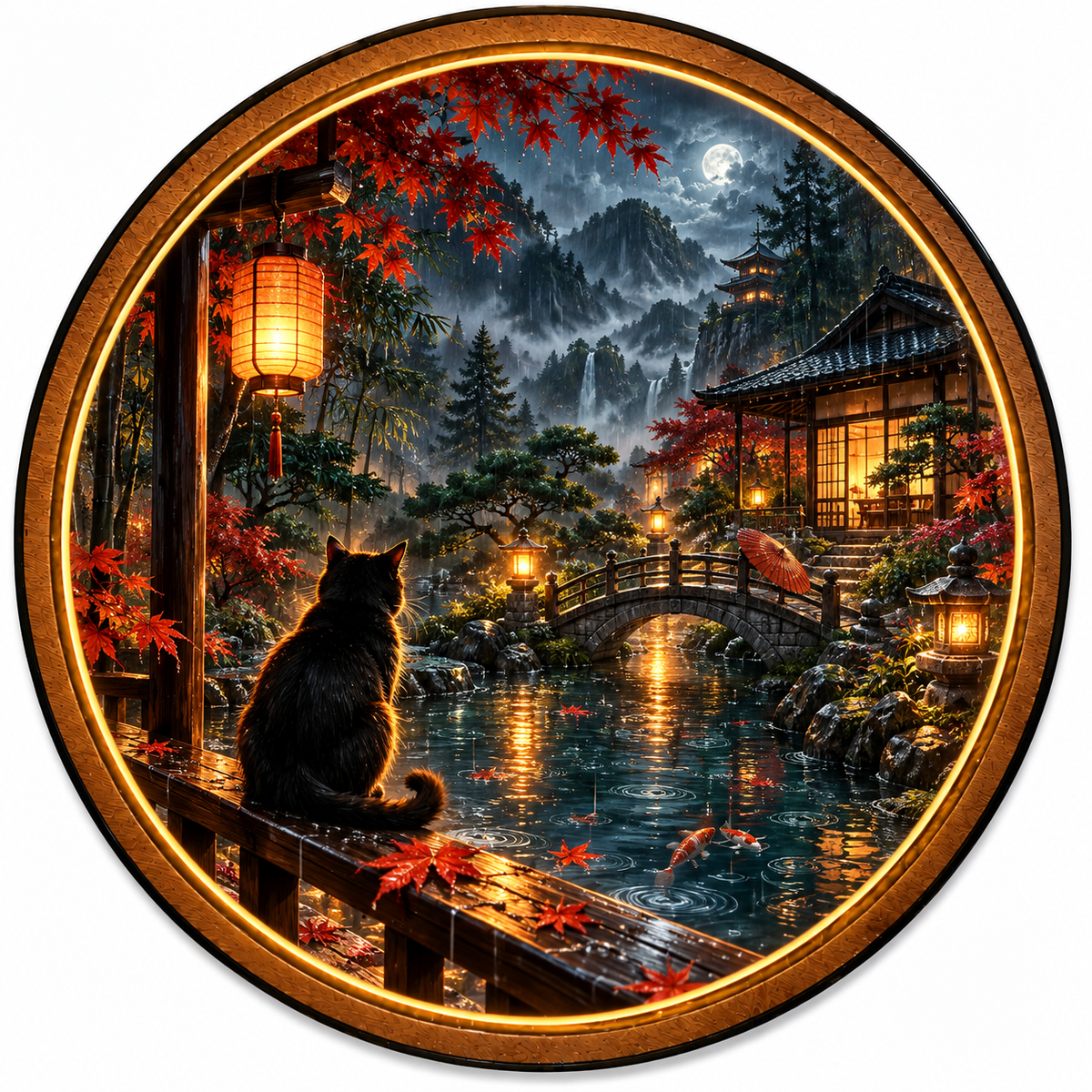 Black Cat Rainy Japanese Garden Circular LED Wall Art