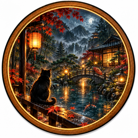 Black Cat Rainy Japanese Garden Circular LED Wall Art