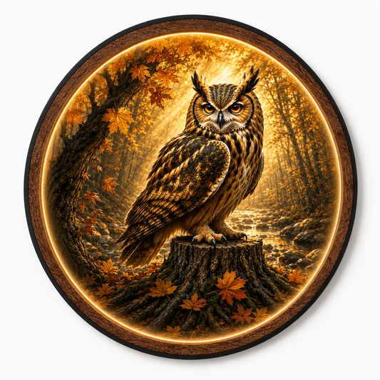 Owl LED Wall Art – Round Illuminated Acrylic Forest Wildlife Decor