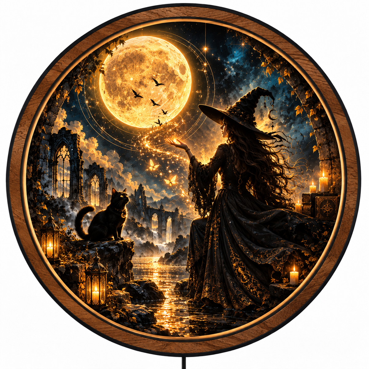Moonveil Witch – Golden Familiar LED Wall Art
