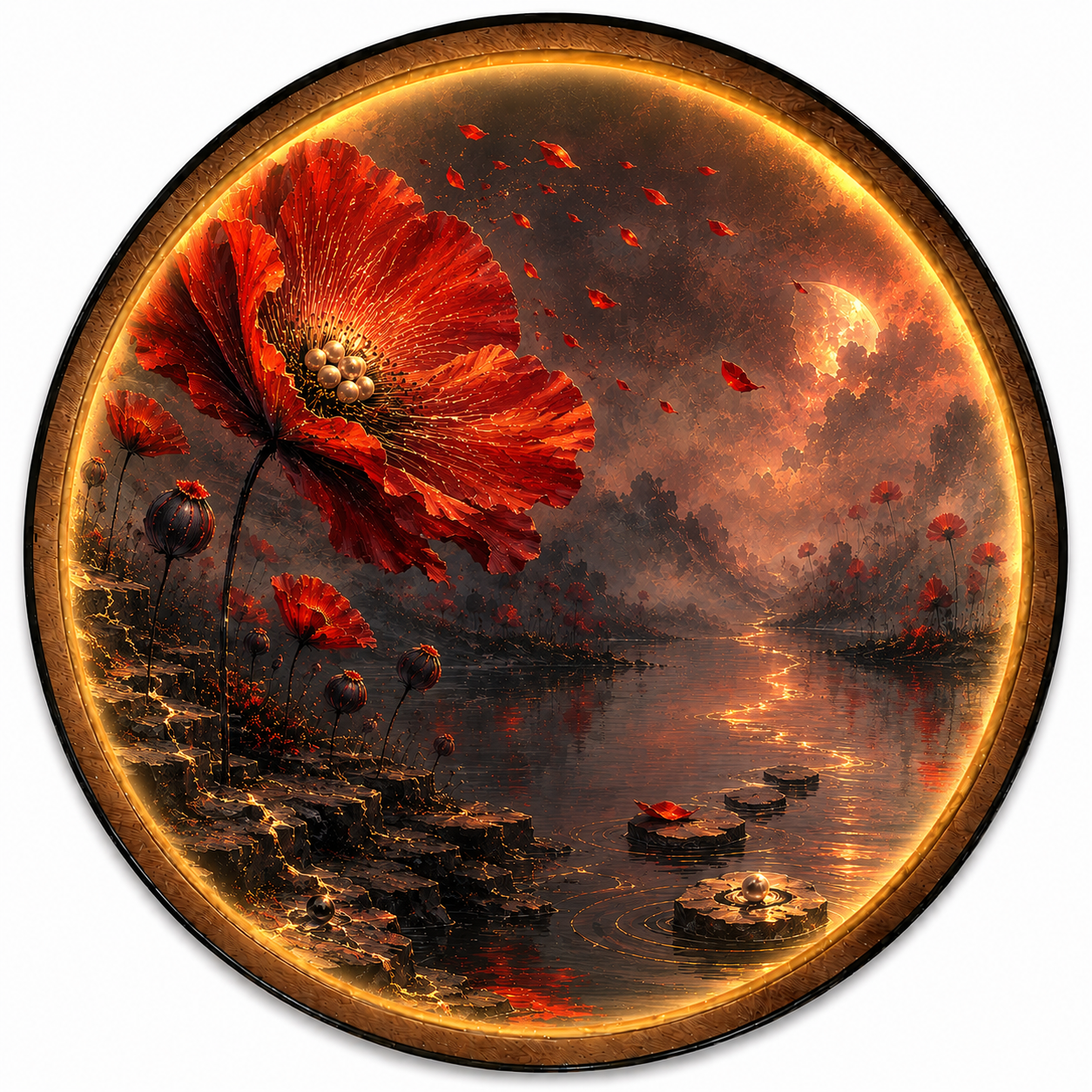 Red Poppy Moon LED Wall Art – Moonlit Wildflower Landscape