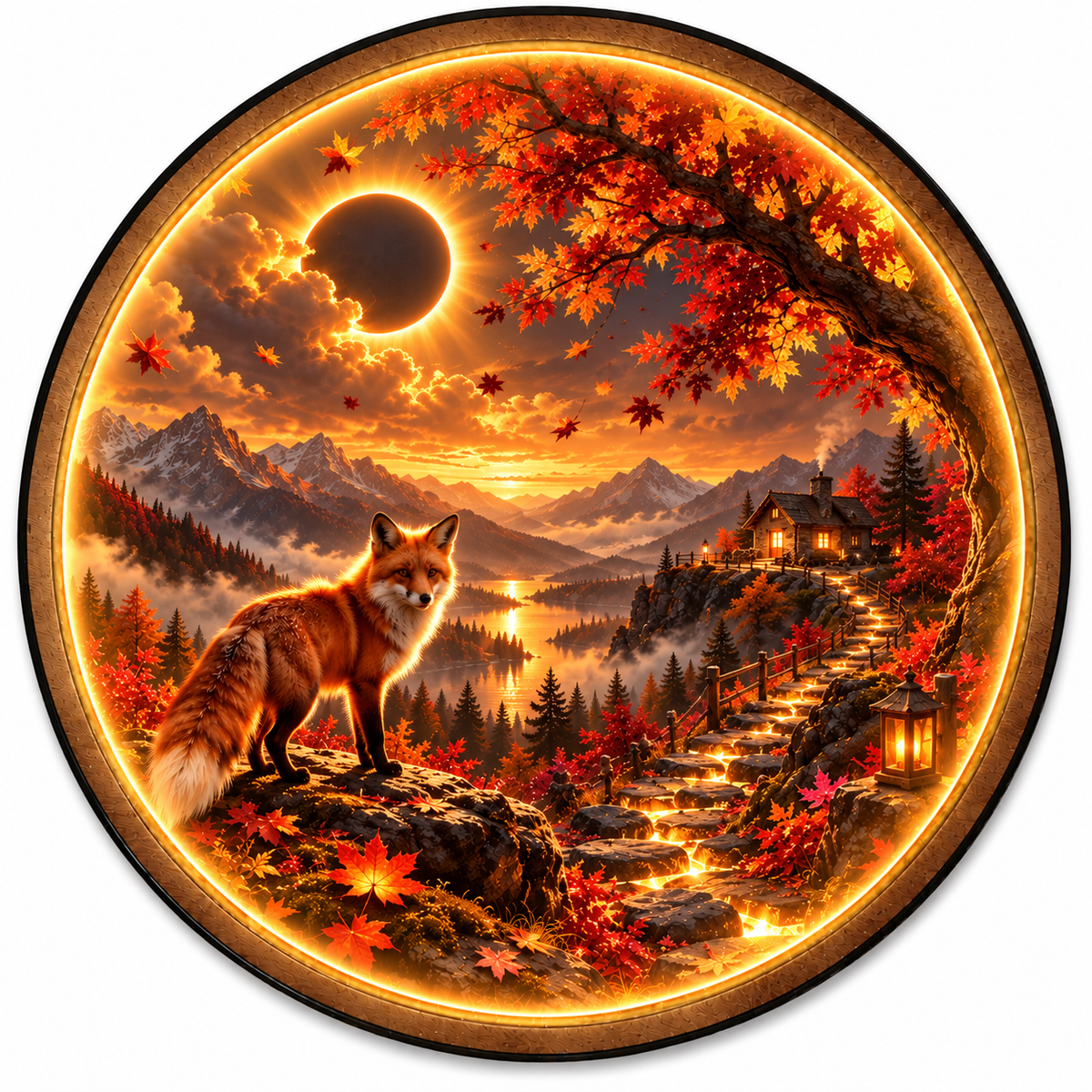 Autumn Eclipse Fox LED Wall Art – Mountain Fall Landscape