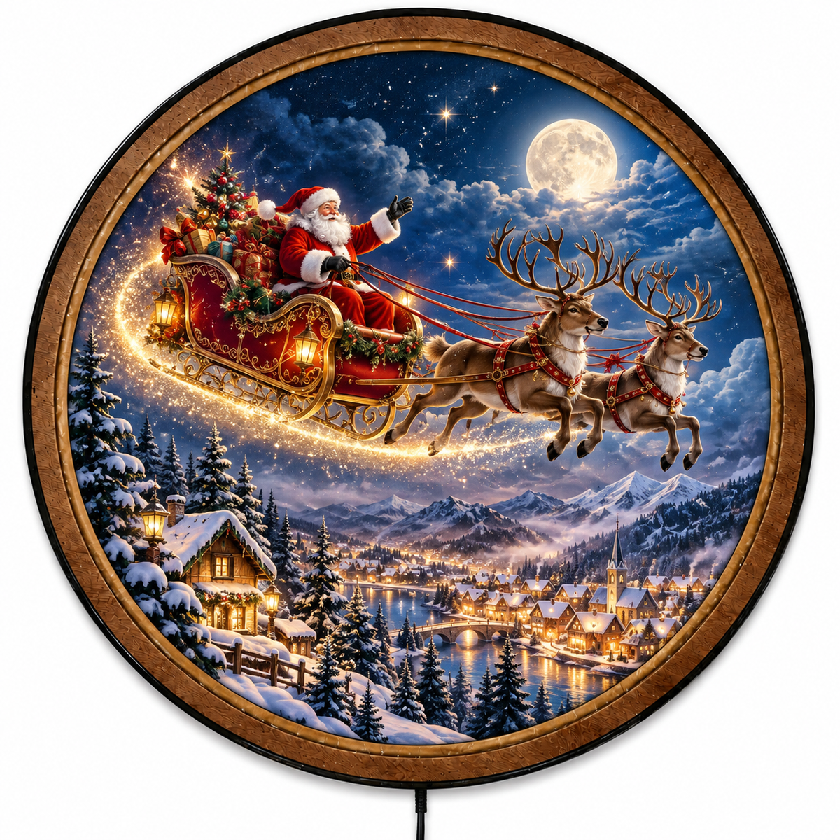 Handcrafted Santa Claus LED Wall Art – Flying Reindeer Sleigh & Magical Christmas Eve