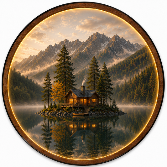 Mountain Lake Cabin LED Wall Art – Illuminated Rustic Nature Decor