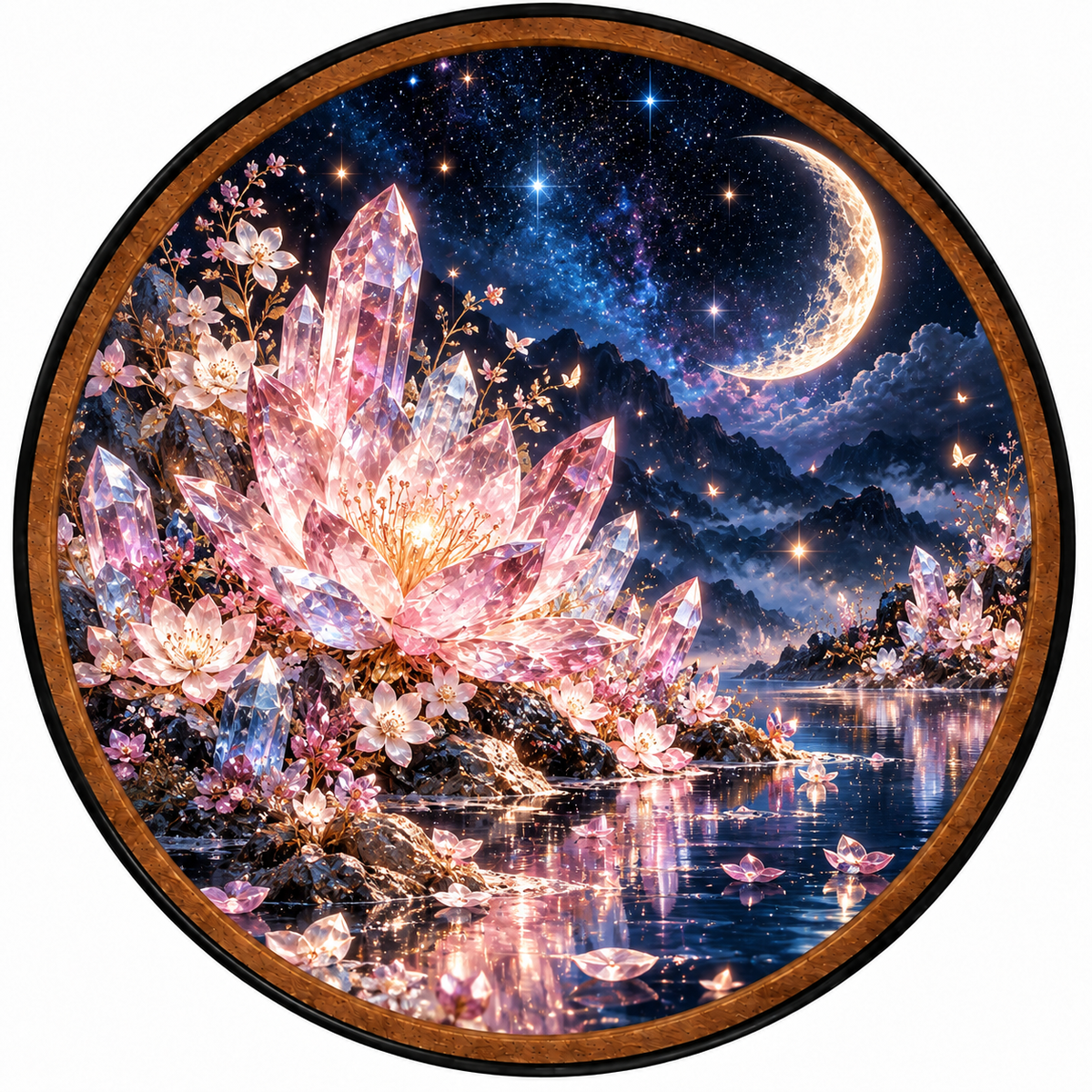 Moonlit Crystal Blossom – Handcrafted Round LED Wall Art