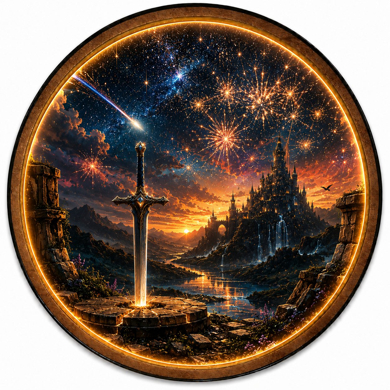 Starlit Oathblade LED Wall Art – Fantasy Castle & Sword Decor