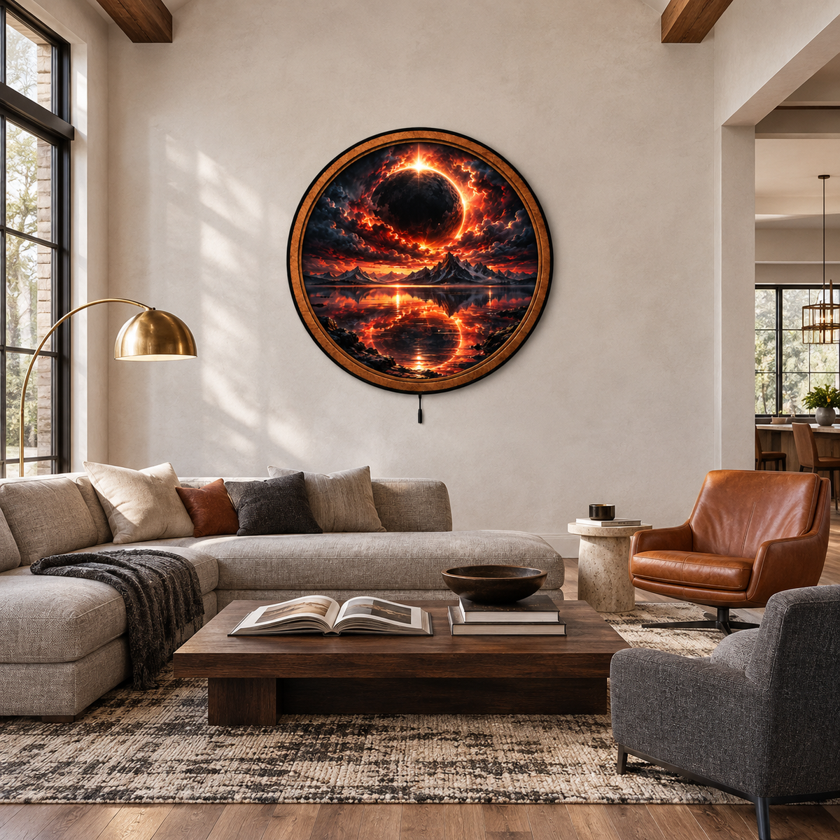 Handcrafted Solar Eclipse Mountain Lake LED Wall Art