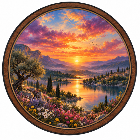 Golden Valley Sunset LED Wall Art – Mediterranean Lake Landscape