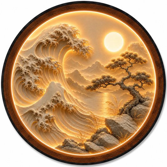 Japanese Wave & Bonsai LED Wall Art – Round Illuminated Acrylic Decor