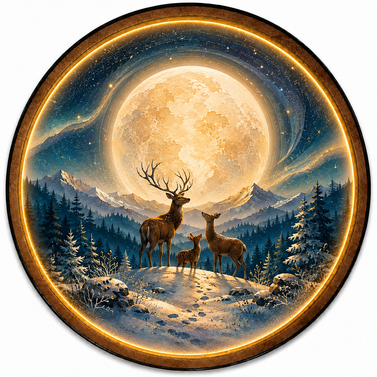 Moonlit Deer Family LED Wall Art – Illuminated Forest Moon Decor