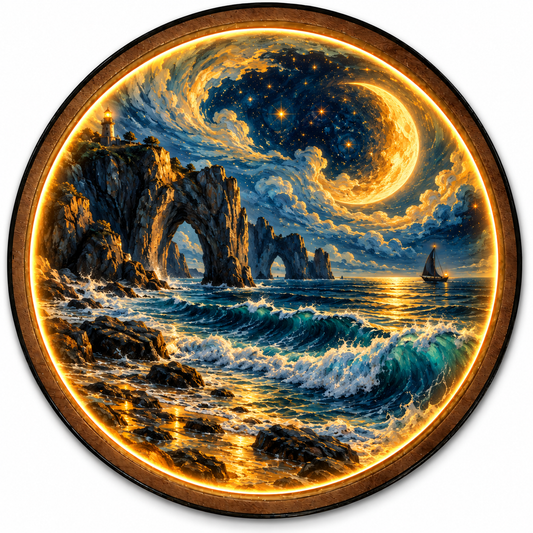 Celestial Tide Lighthouse LED Wall Art – Moonlit Ocean Decor