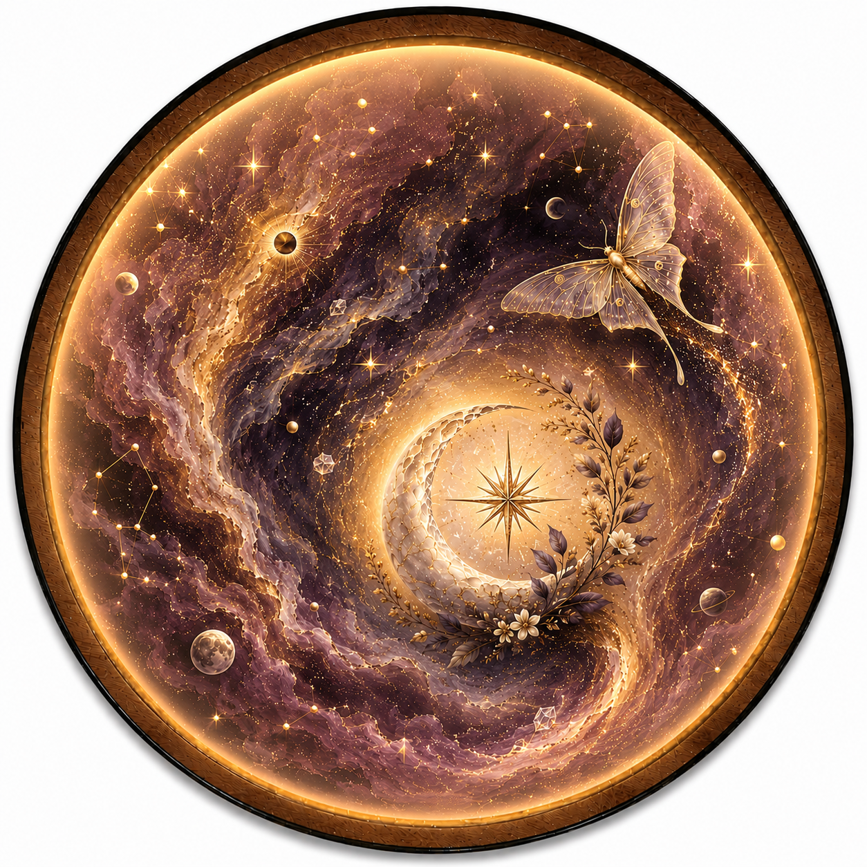 Celestial Moon & Moth LED Wall Art – Mystical Round Decor