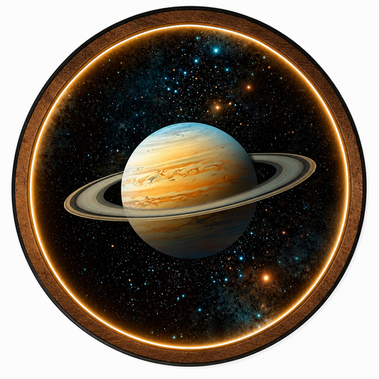 Saturn LED Wall Art Light – Circular Wooden Frame Space Decor Lamp