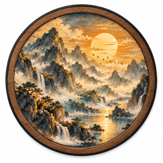 Golden Mountain Sanctuary – Asian Landscape LED Wall Art