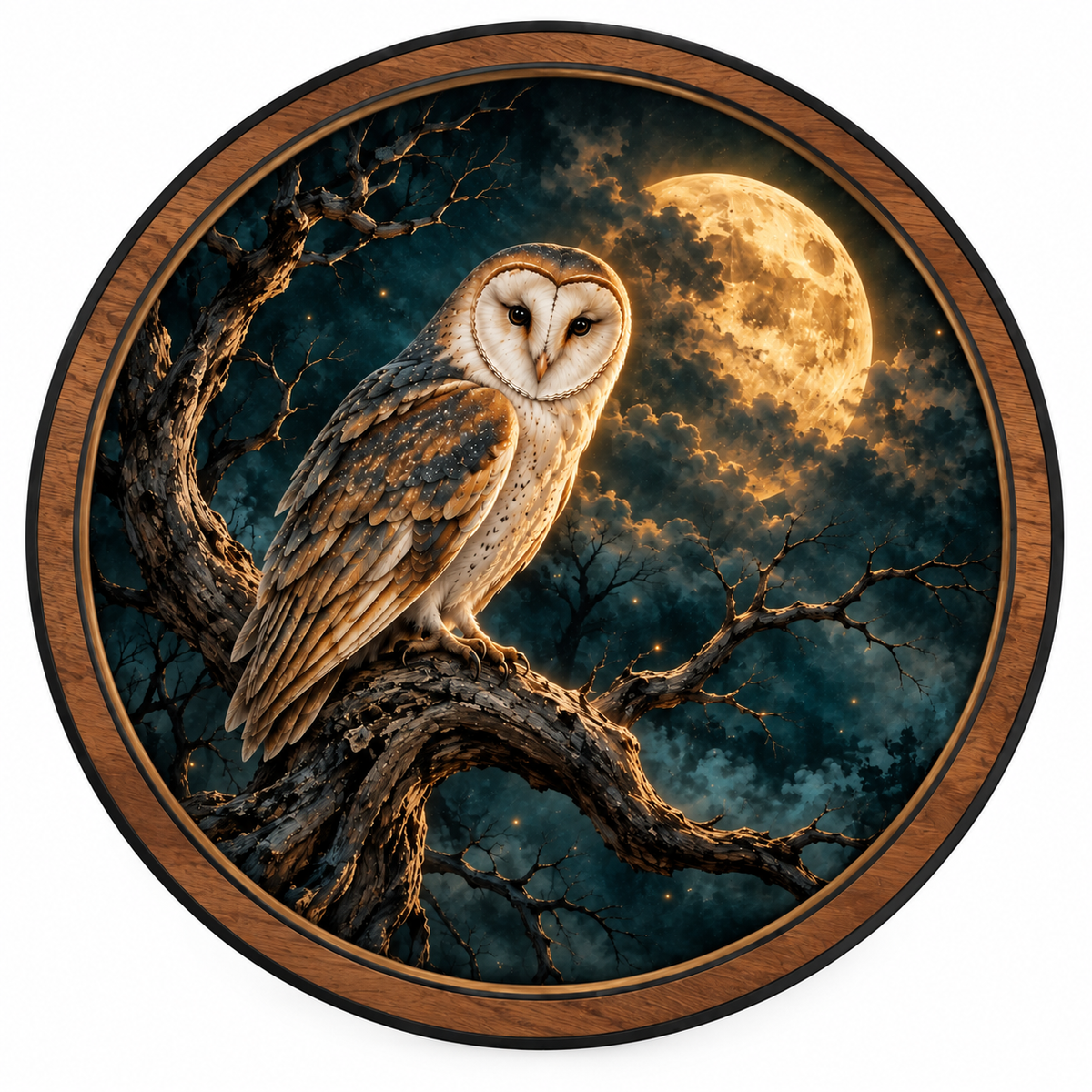 Moonlit Sentinel Owl – Golden Moon LED Wall Art